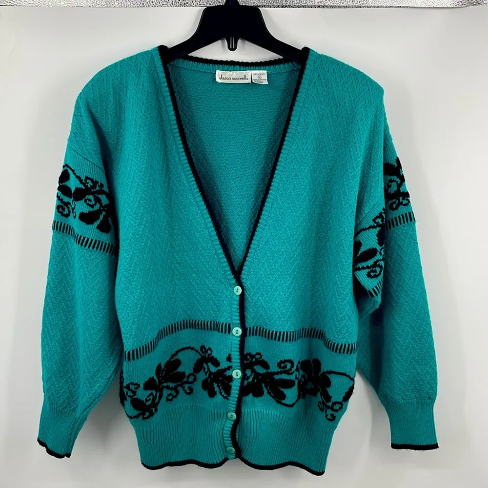Vintage 90s Jason Maxwell Cardigan Teal Black Made in Hong Kong Size Large